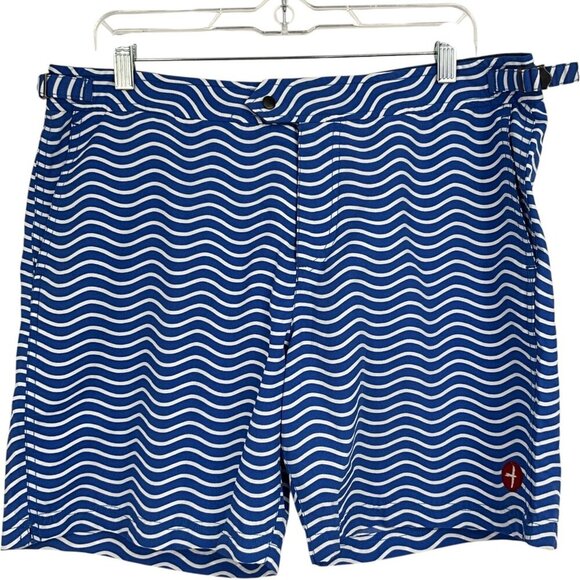 Relwen Swim Trunks Shorts Blue White Wave Size L Mesh Liner Adjustable Waist - Picture 1 of 7